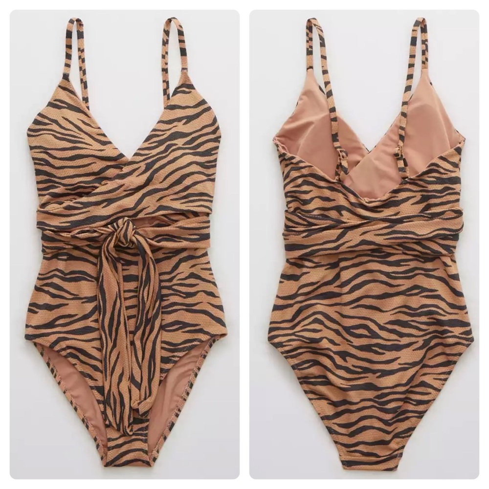 NEW Aerie Pique Animal Print Wrap One Piece Swimsuit NWOT